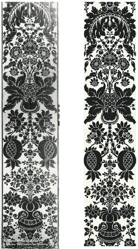 Left: Kedleston design, thought to have been woven in the UK using Silk and Wool. Right: New Kedleston design, thought to have been woven in France in an all silk quality.