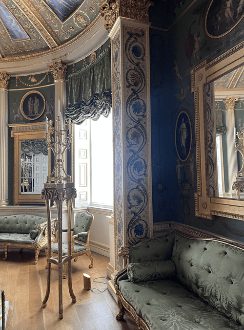 The Painted Room at Spencer House. Featuring a new pavia silk in light sage green on the curtains.