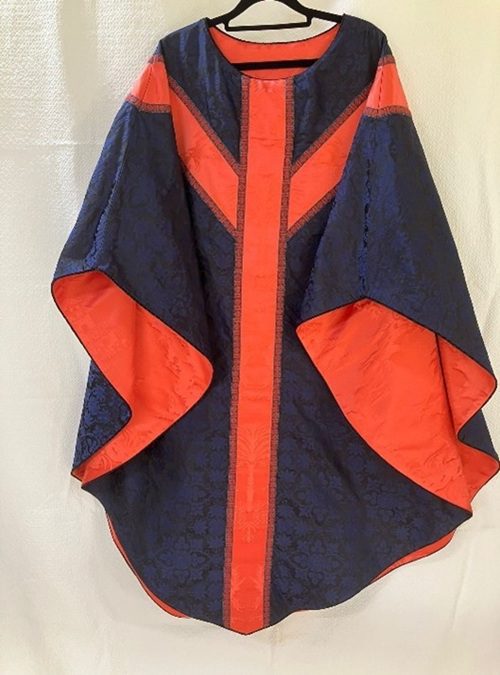 The front of St Marks Sarum Advent, blue damask vestments with red highlight