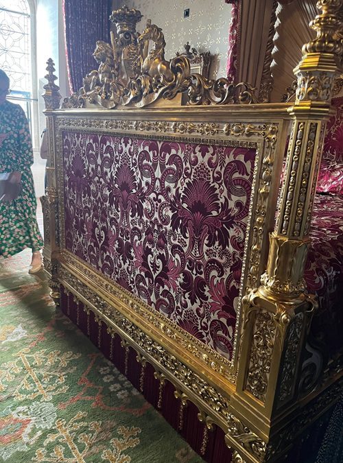 Crimson Brocatelle footboard on Four poster bed at Arundel Castle