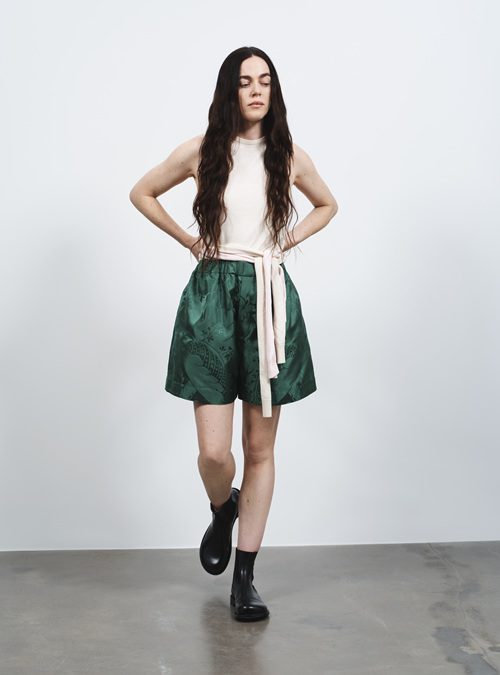 Emerald Green Silk Damask Shorts on female model