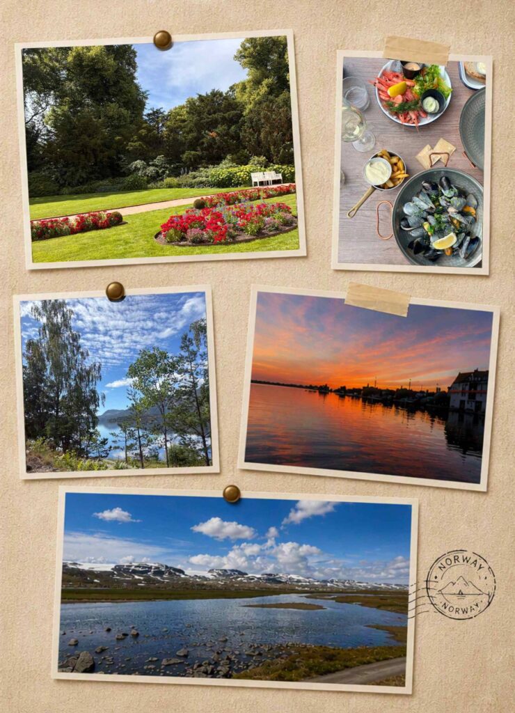 Collage of five travel photographs pinned and taped to a textured beige background. Images include a formal garden with colourful flower beds, a seafood meal featuring mussels and shrimp, a lakeside woodland view, a vivid orange sunset over calm water, and a panoramic landscape with a lake and snow-capped mountains. A circular “Norway” travel stamp graphic appears in the lower-right corner.