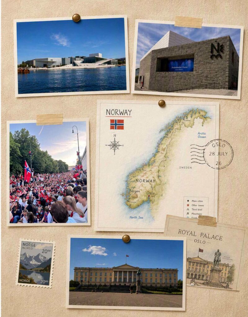 Travel-style collage celebrating Oslo, Norway, displayed on a beige textured background. The collage features photographs of the Oslo Opera House beside the waterfront, the Munch Museum, a large crowd waving Norwegian flags at a public celebration, and the Royal Palace in Oslo. At the centre is a map of Norway marked with Oslo and Bergen, alongside a compass rose and a postmark reading “Oslo 28 July.” Decorative elements include a vintage Norwegian postage stamp and an illustrated card of the Royal Palace, with photos attached using pins and masking tape.